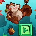 Wiewiórka trzymająca żołędzie, otoczona kolorowymi liśćmi i żołędziami, z zielonym przyciskiem odtwarzania na tle nieba