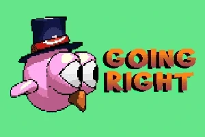 Różowy, kreskówkowy ptak w cylindrze z dużymi oczami i napisem „GOING RIGHT” na zielonym tle