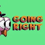 Różowy, kreskówkowy ptak w cylindrze z dużymi oczami i napisem „GOING RIGHT” na zielonym tle