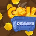 Napis GOLD DIGGERS w stylizowanej grafice z żółtym napisem GOLD oraz niebieskim wagonikiem z napisem DIGGERS na tle ziemi i rozrzuconych bryłek złota