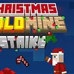 Napisy CHRISTMAS GOLD MINE STRIKE w jaskrawych kolorach z postacią Świętego Mikołaja i pikselowymi prezentami na niebieskim tle
