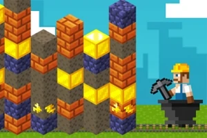 Postać w kasku budowlanym trzymająca kilof stojąca przy kowadle, na tle bloków z różnych materiałów