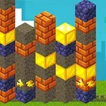 Postać w kasku budowlanym trzymająca kilof stojąca przy kowadle, na tle bloków z różnych materiałów