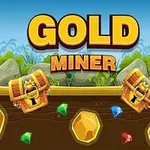 Na obrazku widać dwa skrzynie ze złotem oraz klejnoty zakopane w ziemi, z napisem Gold Miner na górze, na tle skał i roślinności