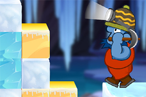 Niebieska postać z brodą, w kasku górniczym z latarką, wspinająca się po lodowych i śnieżnych blokach