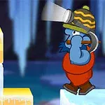 Niebieska postać z brodą, w kasku górniczym z latarką, wspinająca się po lodowych i śnieżnych blokach