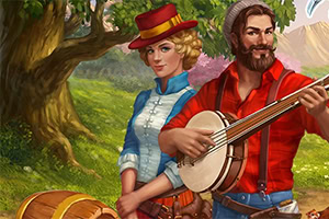 Para w stroju retro w idyllicznej scenerii, kobieta w kapeluszu i mężczyzna z brodą grający na banjo