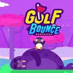 Fioletowy mors leży na ziemi z pingwinem na brzuchu, w tle różowe drzewa i fioletowe góry, z napisem GOLF BOUNCE u góry