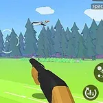 Wirtualna scena z widokiem na las, ręka trzymająca pistolet i latające kaczki na niebie