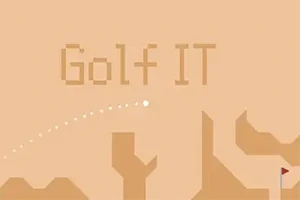 Beżowe tło z napisem „Golf IT” i piłką golfową lecącą w kierunku dołka z flagą