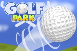 Duża piłka golfowa z efektem ruchu na tle nieba i trawy, z napisem GOLF PARK u góry