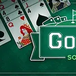 Talia kart z rysunkami damy kier i asa pik na zielonym tle z napisem Golf Solitaire