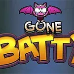 Fioletowy nietoperz nad dużym napisem Gone Batty na ciemnym tle