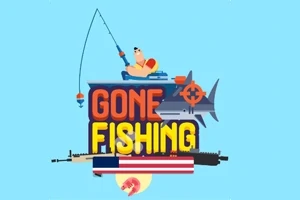 Mężczyzna w kapoku łowi ryby na tle napisu Gone Fishing z wizerunkiem rekina i karabinu