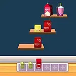 Półki z kartonami mleka, puszkami i kubkiem napoju na tle granatowej ściany