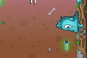 Niebieski stworek wspina się po skalistej ścianie na tle brązowego terenu z kością i zieloną fiolką w pobliżu