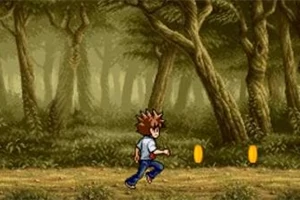 Postać w dżungli biegnie po ścieżce obok dwóch złotych monet w tle gęstego lasu