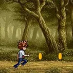 Postać w dżungli biegnie po ścieżce obok dwóch złotych monet w tle gęstego lasu