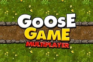 Napis Goose Game Multiplayer na tle trawiastej drogi z kwiatami i kamieniami