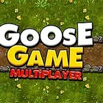 Napis Goose Game Multiplayer na tle trawiastej drogi z kwiatami i kamieniami
