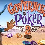 Kreskówkowa postać kowboja trzyma karty do gry, z żetonami pokerowymi w tle oraz dużym napisem Governor of Poker 2