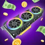 Karta graficzna z trzema wentylatorami oświetlonymi kolorowymi diodami LED, otoczona banknotami i monetami na fioletowym tle