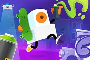 Postać z kwadratową głową i deskorolką trzymająca puszkę z farbą, na tle ulicy z efektem graffiti