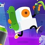 Postać z kwadratową głową i deskorolką trzymająca puszkę z farbą, na tle ulicy z efektem graffiti