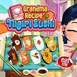 Dziewczynka w kolorowym stroju stoi obok talerza z różnymi kawałkami sushi, a w ręce trzyma telefon z aplikacją