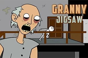 Starsza postać z bladą skórą i dużymi oczami na pierwszym planie, w tle rysunkowa postać biegnąca w korytarzu z drewnianą balustradą, z dużym napisem GRANNY JIGSAW w prawym górnym rogu