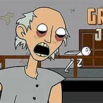 Starsza postać z bladą skórą i dużymi oczami na pierwszym planie, w tle rysunkowa postać biegnąca w korytarzu z drewnianą balustradą, z dużym napisem GRANNY JIGSAW w prawym górnym rogu