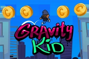 Dziecko w czapce biegnie obok wysokich budynków, zbierając złote monety na tle napisu Gravity Kid