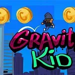 Dziecko w czapce biegnie obok wysokich budynków, zbierając złote monety na tle napisu Gravity Kid