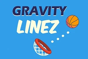 Niebieskie tło z napisem GRAVITY LINEZ oraz koszykówką zmierzającą do kosza