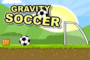 Tytuł “Gravity Soccer” nad piłką nożną na tle krajobrazu z bramką i wzgórzami
