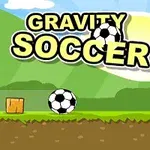 Tytuł “Gravity Soccer” nad piłką nożną na tle krajobrazu z bramką i wzgórzami