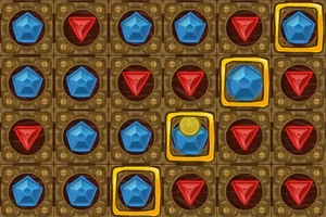 Niebieskie i czerwone klejnoty na brązowej siatce z żółtymi ramkami wokół niektórych klejnotów