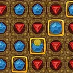 Niebieskie i czerwone klejnoty na brązowej siatce z żółtymi ramkami wokół niektórych klejnotów