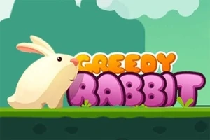 Krótki opis polski: Kreskówkowy biały królik stoi na tle napisu „Greedy Rabbit” w kolorowych literach w krajobrazie w stylu animacji