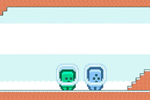 Dwa pikselowe postacie w skafandrach kosmicznych na tle lodowego krajobrazu z ceglaną ramką i schodami