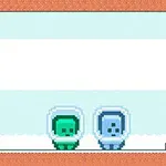 Dwa pikselowe postacie w skafandrach kosmicznych na tle lodowego krajobrazu z ceglaną ramką i schodami