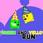 Zielona i żółta postać w zabawnych czapkach na kolorowym tle z napisem Green and Yellow Run