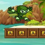 Zielony wojownik ninja skacze nad drewnianymi skrzyniami na tle tropikalnej wyspy
