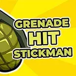 Granat ręczny w stylu kreskówkowym na żółtym tle z napisem Grenade Hit Stickman