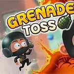 Postacie w czarnych hełmach z dużymi oczami trzymają granaty na tle wybuchu z napisem Grenade Toss