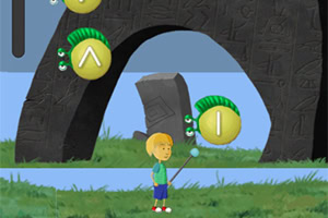 Chłopiec z kijem stoi na trawie przed kamienną bramą, wokół unoszą się symbole w kółkach