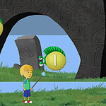 Chłopiec z kijem stoi na trawie przed kamienną bramą, wokół unoszą się symbole w kółkach