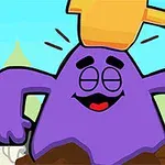 Fioletowy, uśmiechnięty stworek uderzany jest żółtym młotkiem w bajkowej scenerii