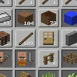 Ekran z widokiem na różnorodne przedmioty i zasoby w stylu pikselowym uporządkowane w siatce, zawierające narzędzia, bloki i postacie