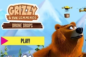 Niedźwiedź patrzy w górę, otoczony przez drony na tle gór, z napisem PLAY oraz logo Grizzy & the Lemmings: Drone Drops